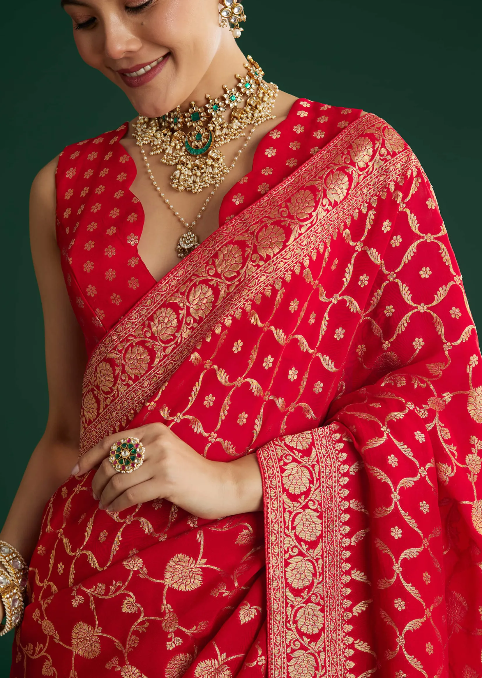 Red Jaal Work Saree With Floral Border And Pallu