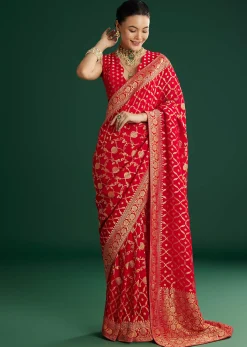 Red Jaal Work Saree With Floral Border And Pallu