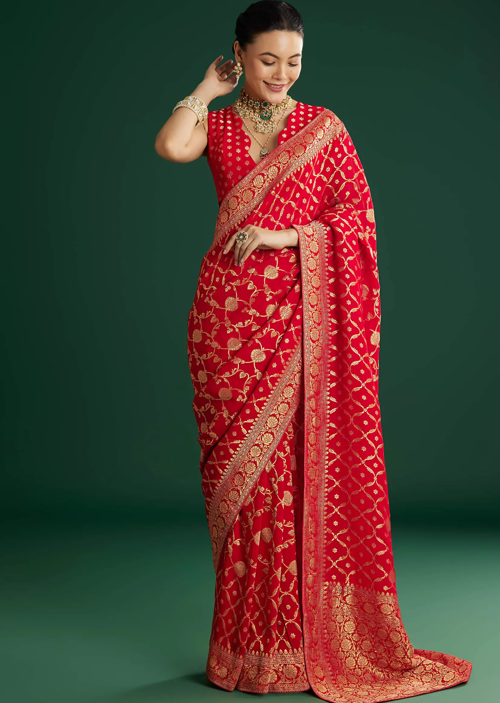 Red Jaal Work Saree With Floral Border And Pallu