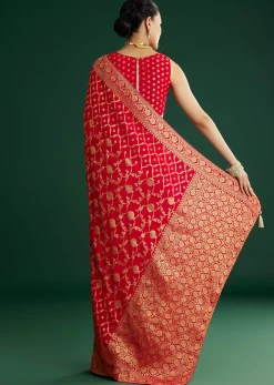 Red Jaal Work Saree With Floral Border And Pallu