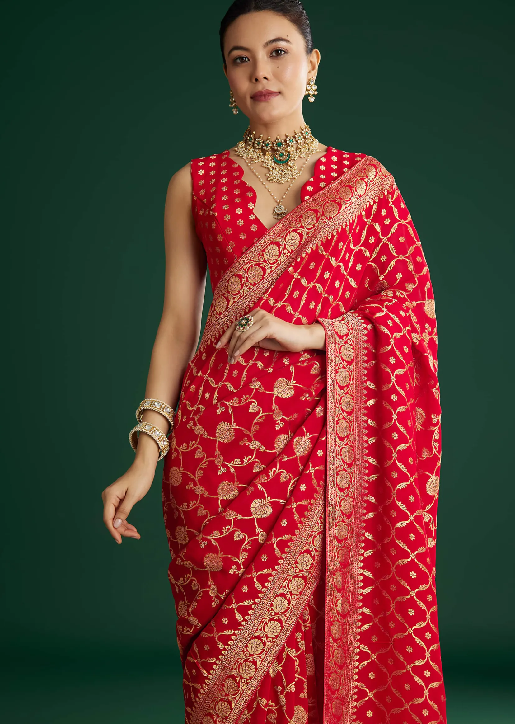 Red Jaal Work Saree With Floral Border And Pallu