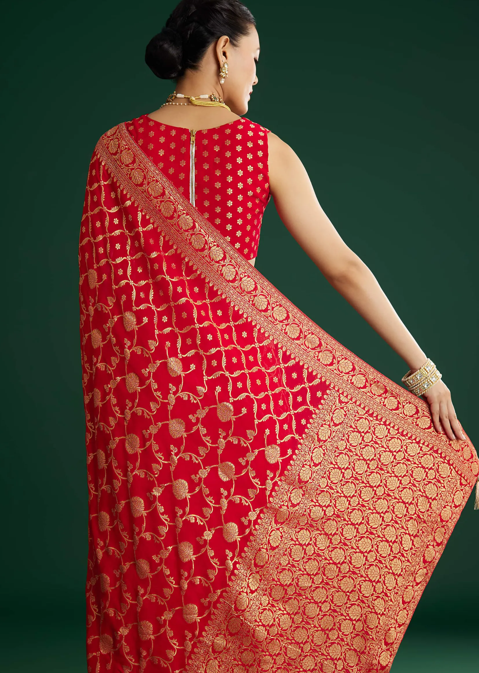Red Jaal Work Saree With Floral Border And Pallu
