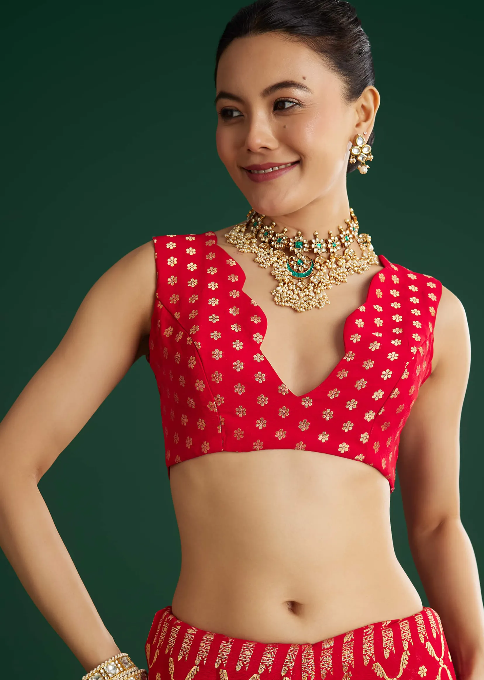 Red Jaal Work Saree With Floral Border And Pallu