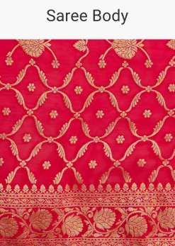 Red Jaal Work Saree With Floral Border And Pallu