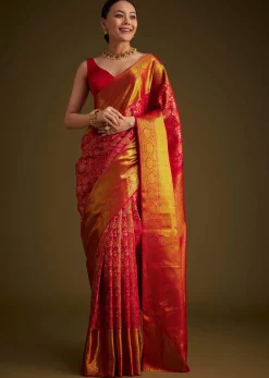Red Kanjivaram Silk Saree With Golden Zari Detailing