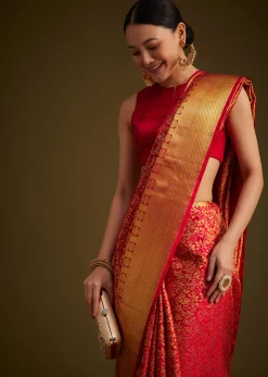 Red Kanjivaram Silk Saree With Golden Zari Woven Border