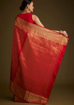 Red Kanjivaram Silk Saree With Golden Zari Woven Border