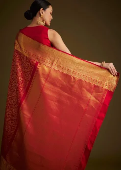Red Kanjivaram Silk Saree With Golden Zari Woven Border