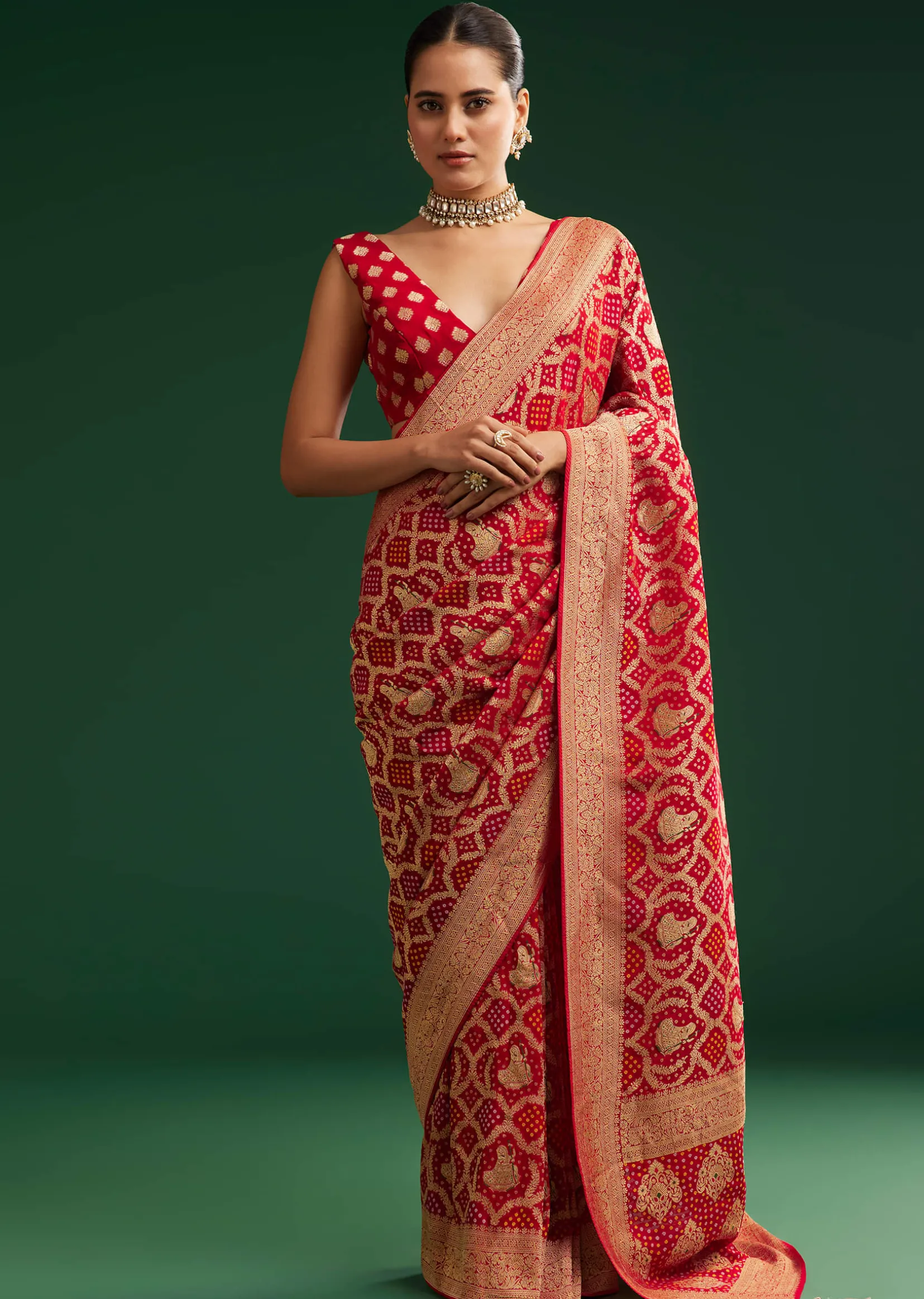 Red Khaddi Georgette Saree With Zari Woven Jaal Work