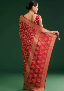 Red Khaddi Georgette Saree With Zari Woven Jaal Work