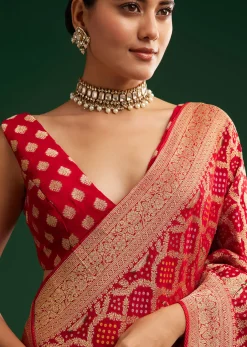 Red Khaddi Georgette Saree With Zari Woven Jaal Work