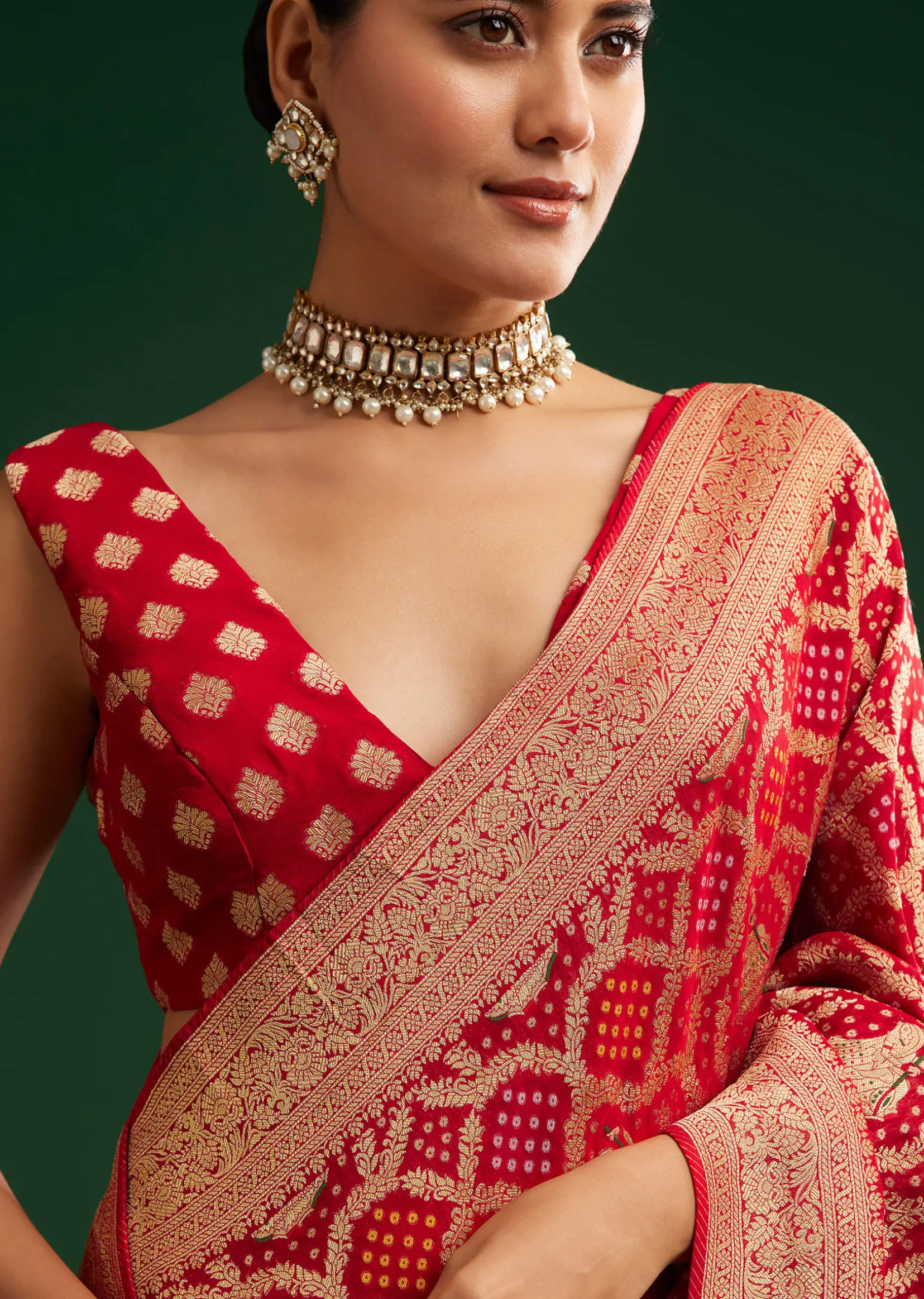Red Khaddi Georgette Saree With Zari Woven Jaal Work