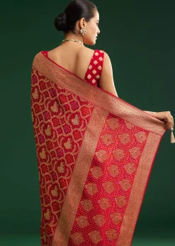 Red Khaddi Georgette Saree With Zari Woven Jaal Work