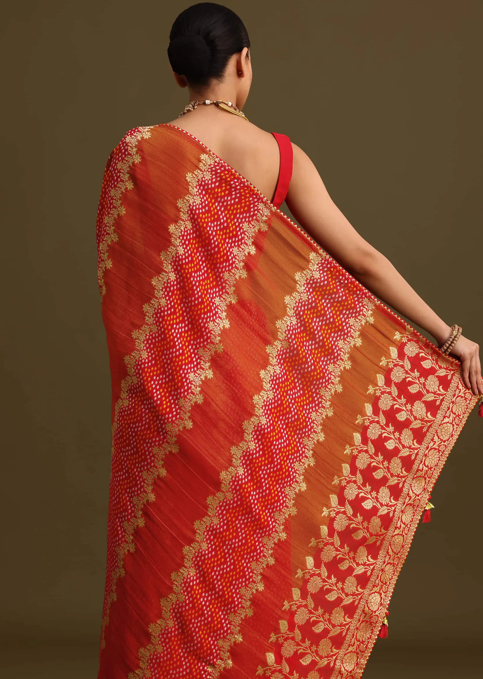 Red Khaddi Georgette Saree With Gotta Patti Border And Unstitched Blouse