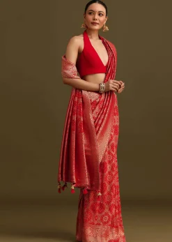 Red Khaddi Georgette Zari Weave Saree With Unstitched Blouse