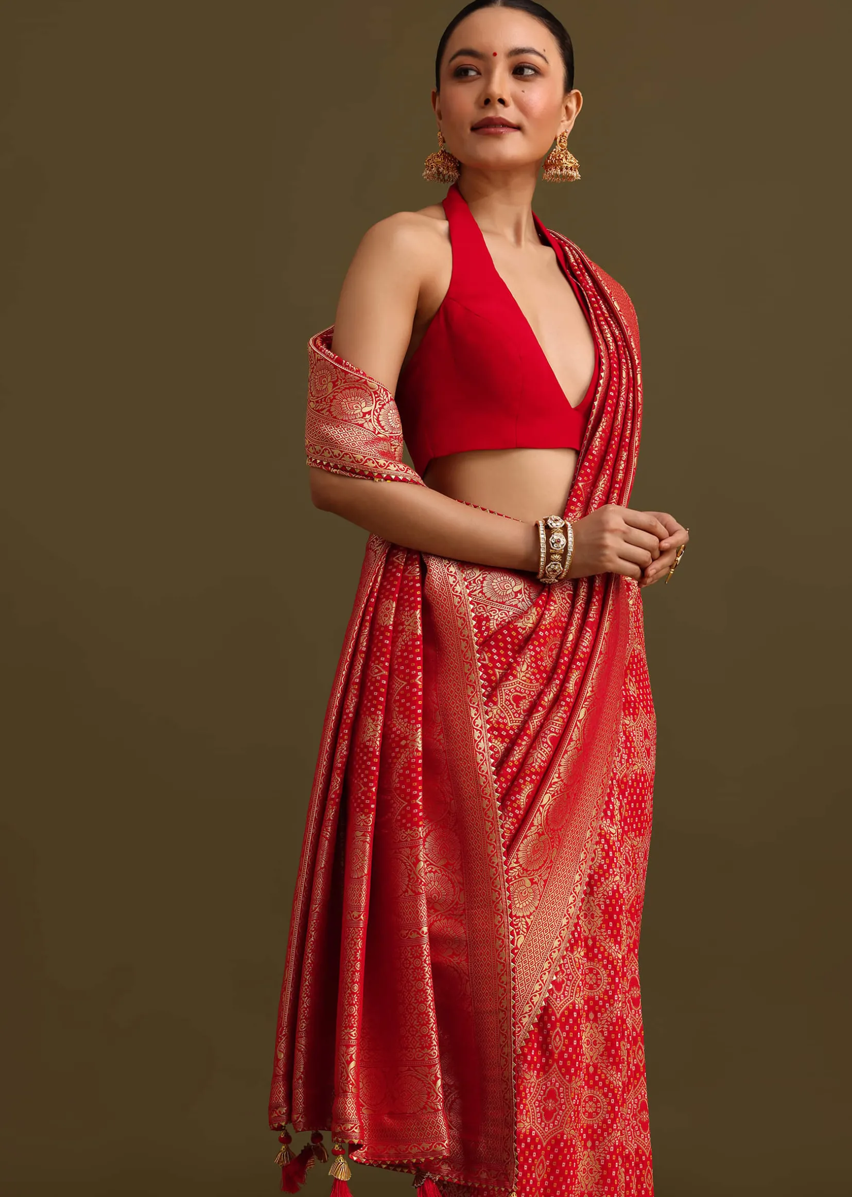 Red Khaddi Georgette Zari Weave Saree With Unstitched Blouse