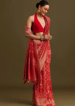 Red Khaddi Georgette Zari Weave Saree With Unstitched Blouse