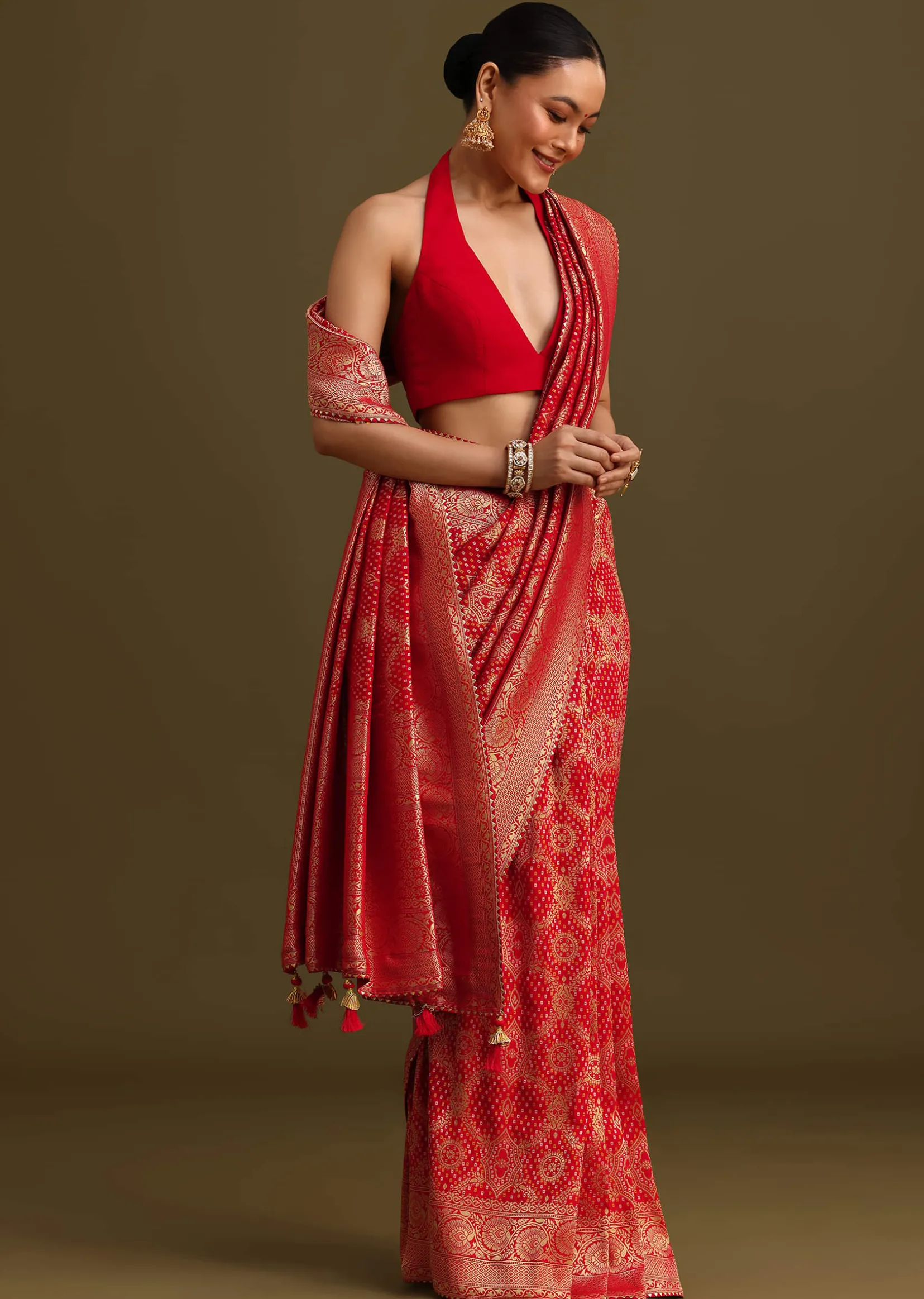 Red Khaddi Georgette Zari Weave Saree With Unstitched Blouse