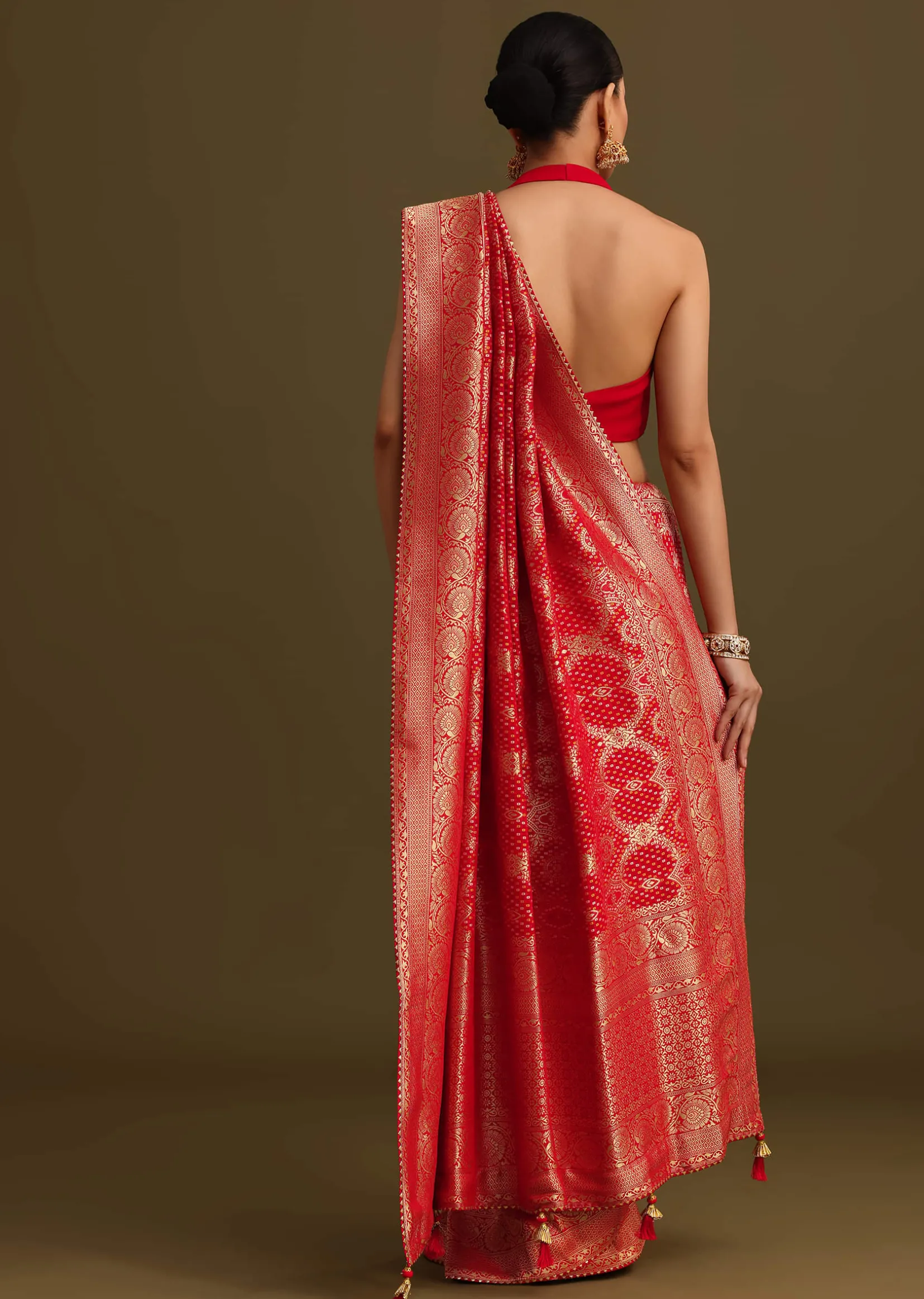 Red Khaddi Georgette Zari Weave Saree With Unstitched Blouse