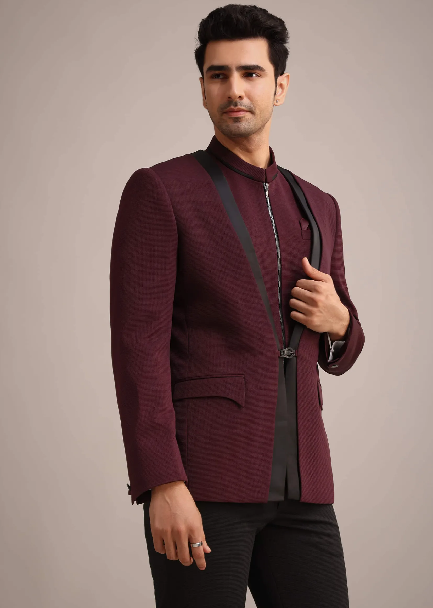Red Knit Tuxedo Set With Waist Coat