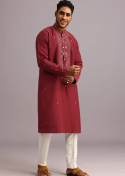 Red Kurta Pant Set In Silk With Mirror Work