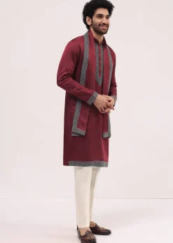 Red Kurta Set In Resham Work With Dupatta For Men