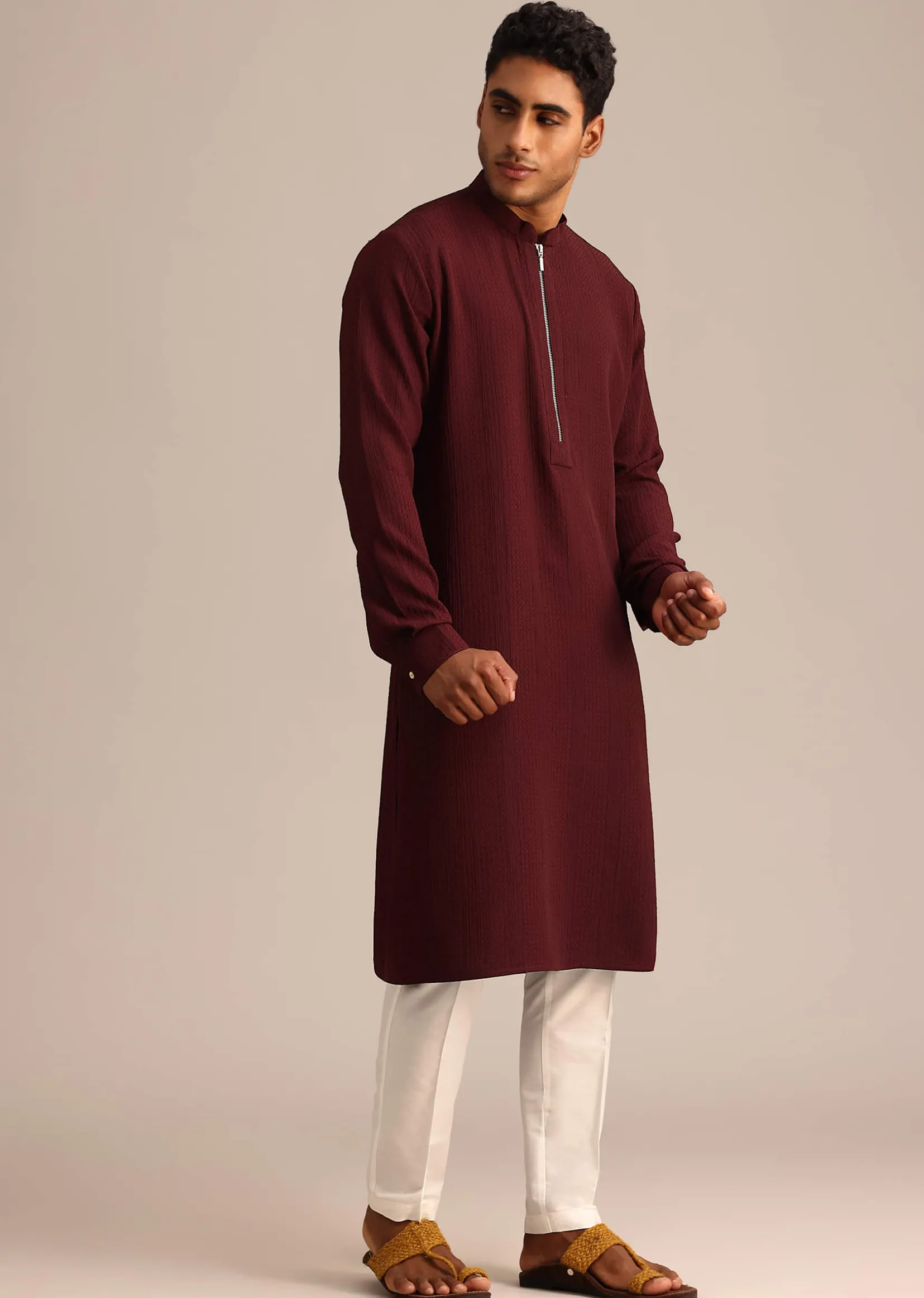 Red Kurta Set With Mandarin Collar