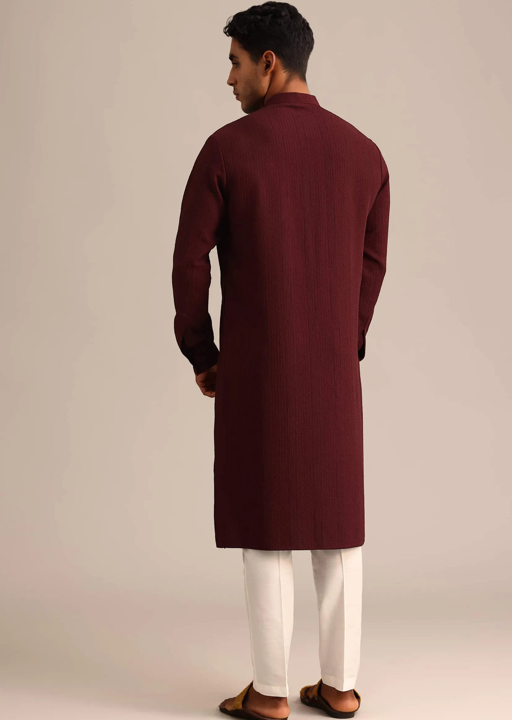 Red Kurta Set With Mandarin Collar
