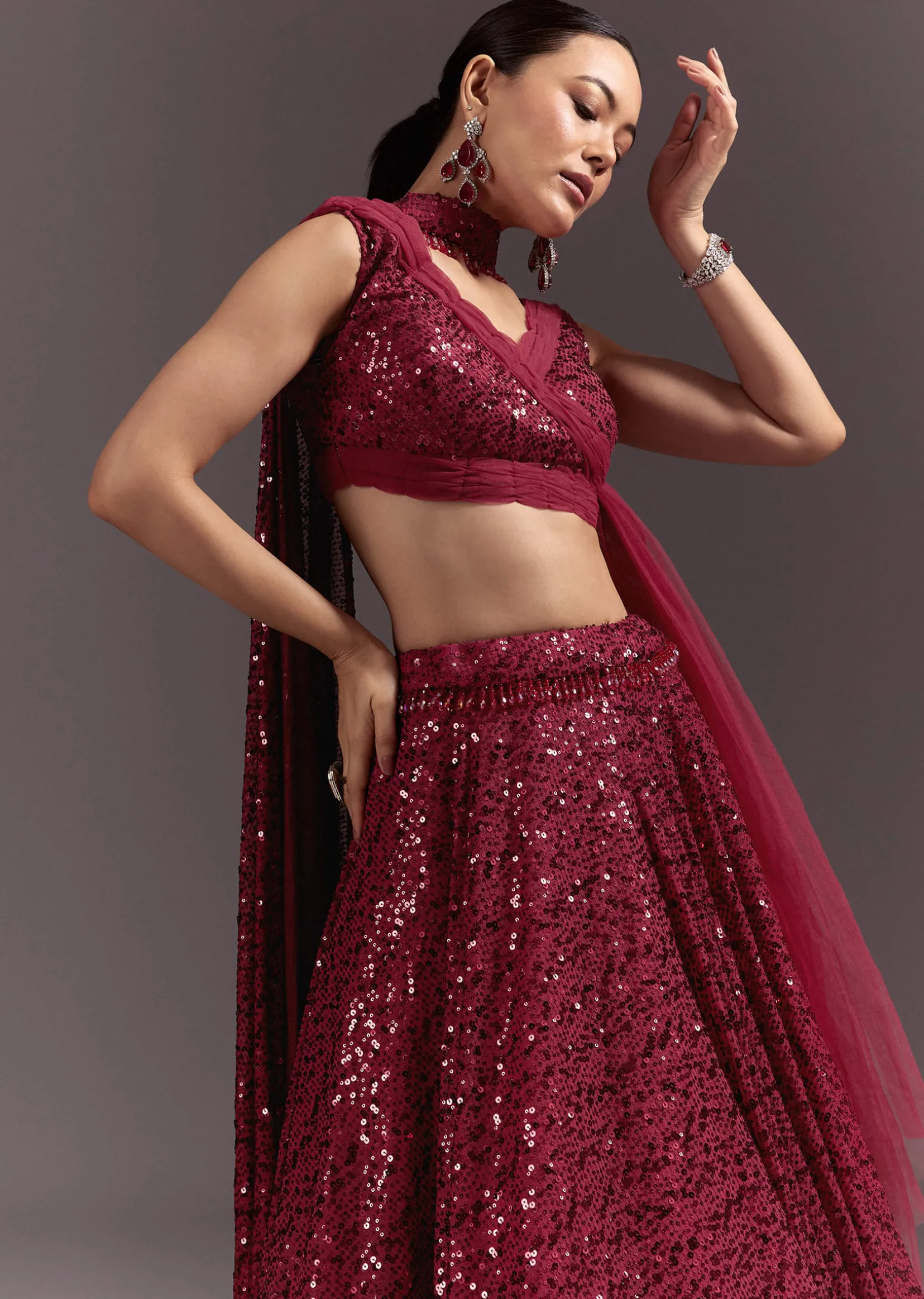 Red Lehenga Set With Embellished Dupatta And Tassels