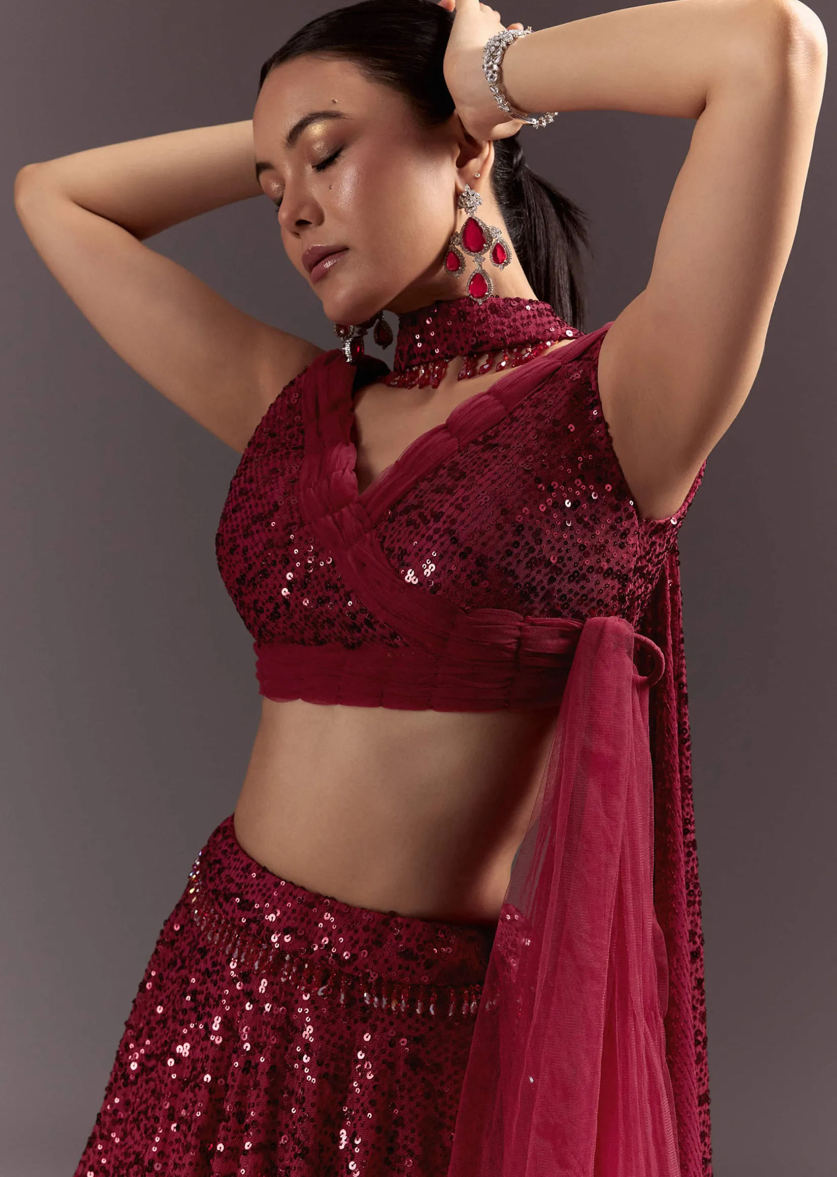 Red Lehenga Set With Embellished Dupatta And Tassels