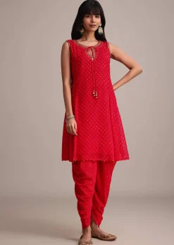 Red Leheriya Printed Kurta Dhoti Set