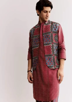 Red Linen Kurta Jacket Set With Ajrakh Print