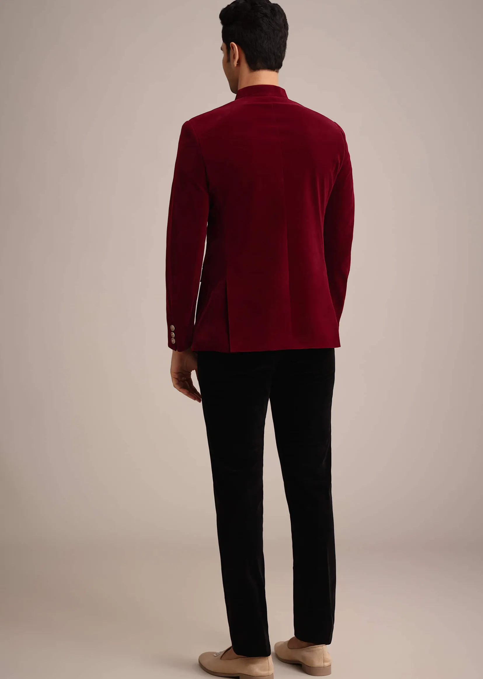 Red Micro Velvet Jodhpuri Set With Pocket Square