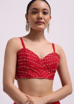 Red Mirror Embellished Organza Saree With Unstitched Blouse