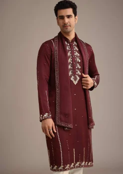 Red Mirror Work Kurta Set With Dupatta