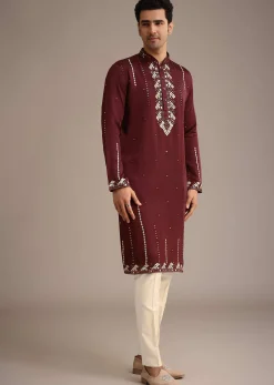 Red Mirror Work Kurta Set With Dupatta