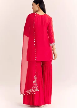 Red Moti Threadwork Dola Silk Sharara Suit With Organza Dupatta