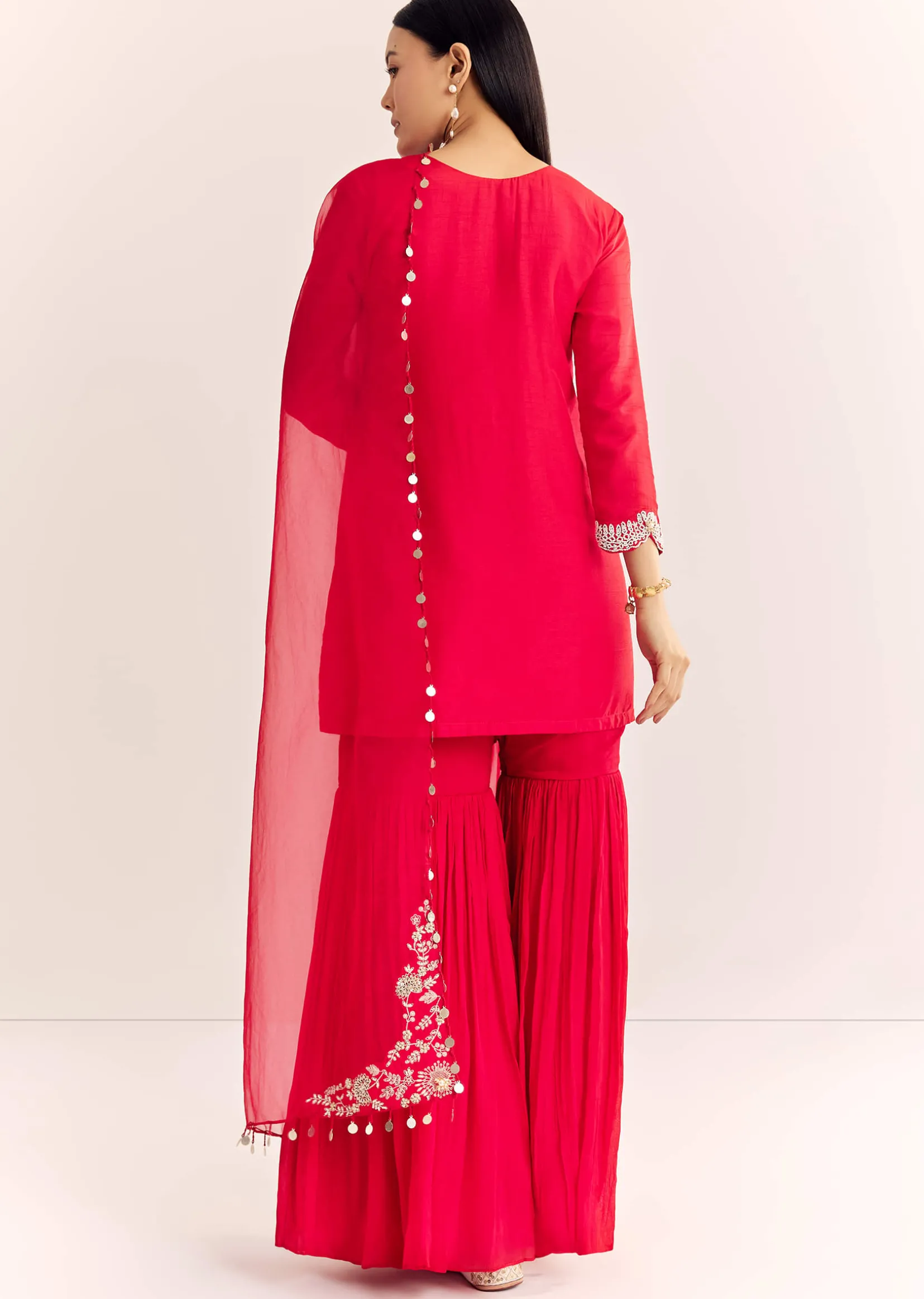 Red Moti Threadwork Dola Silk Sharara Suit With Organza Dupatta