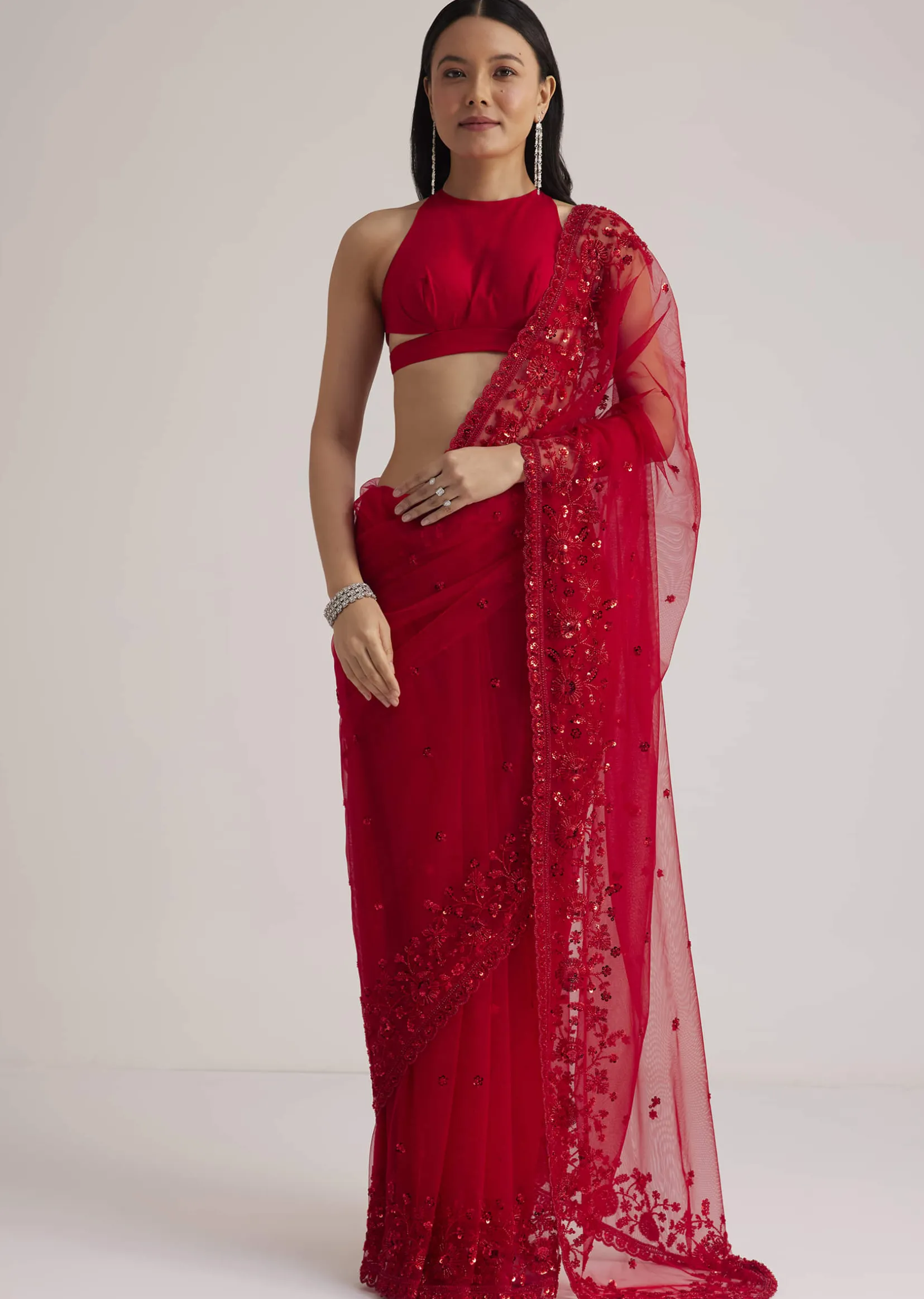 Red Net Saree With Sequins And Stones Embroidery