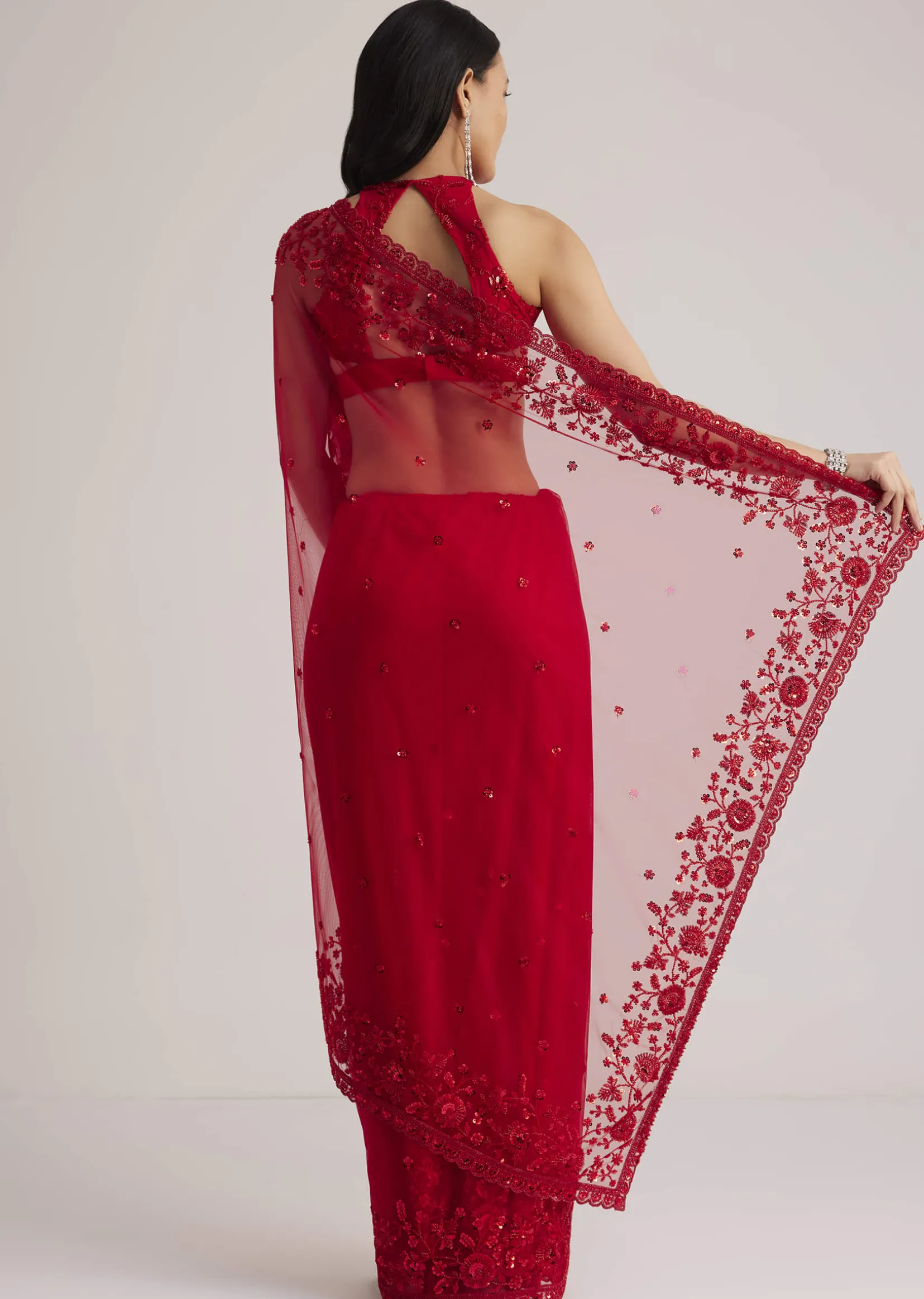 Red Net Saree With Sequins And Stones Embroidery