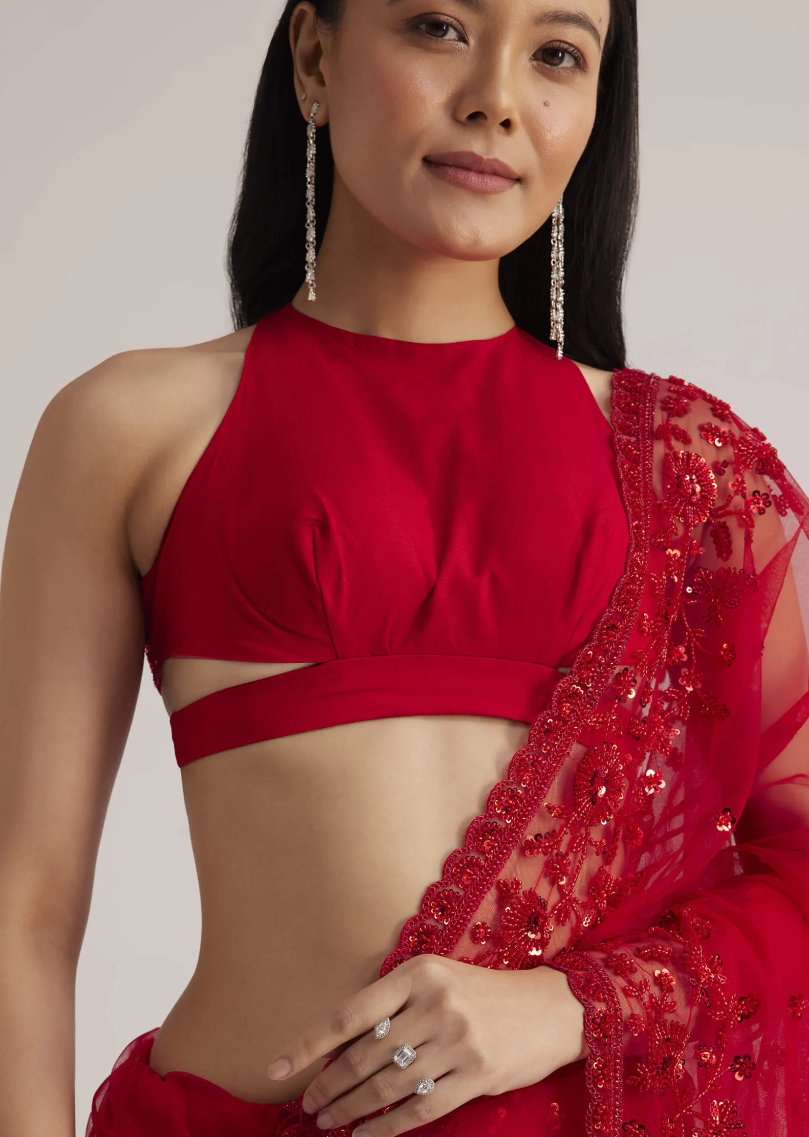 Red Net Saree With Sequins And Stones Embroidery