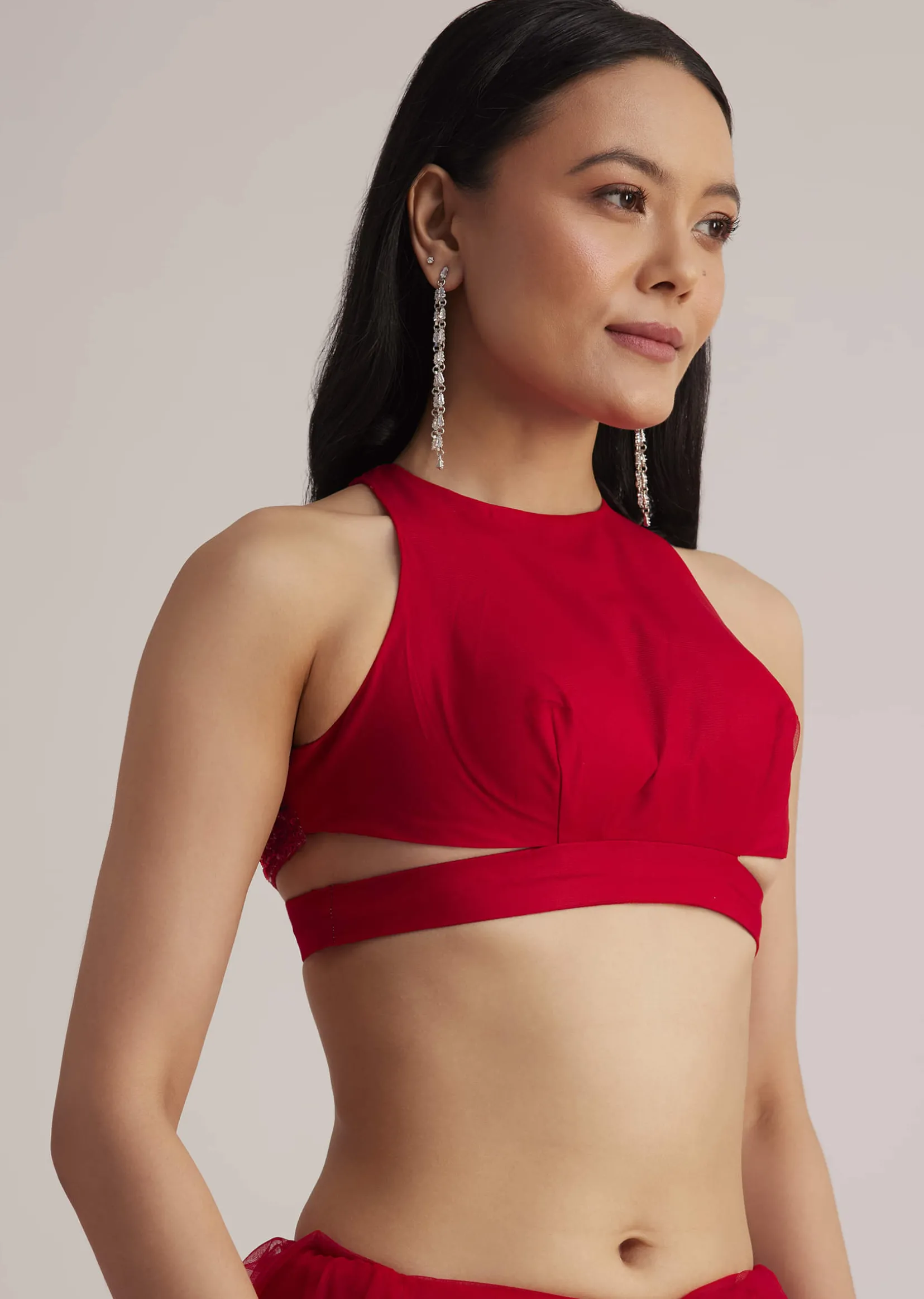 Red Net Saree With Sequins And Stones Embroidery