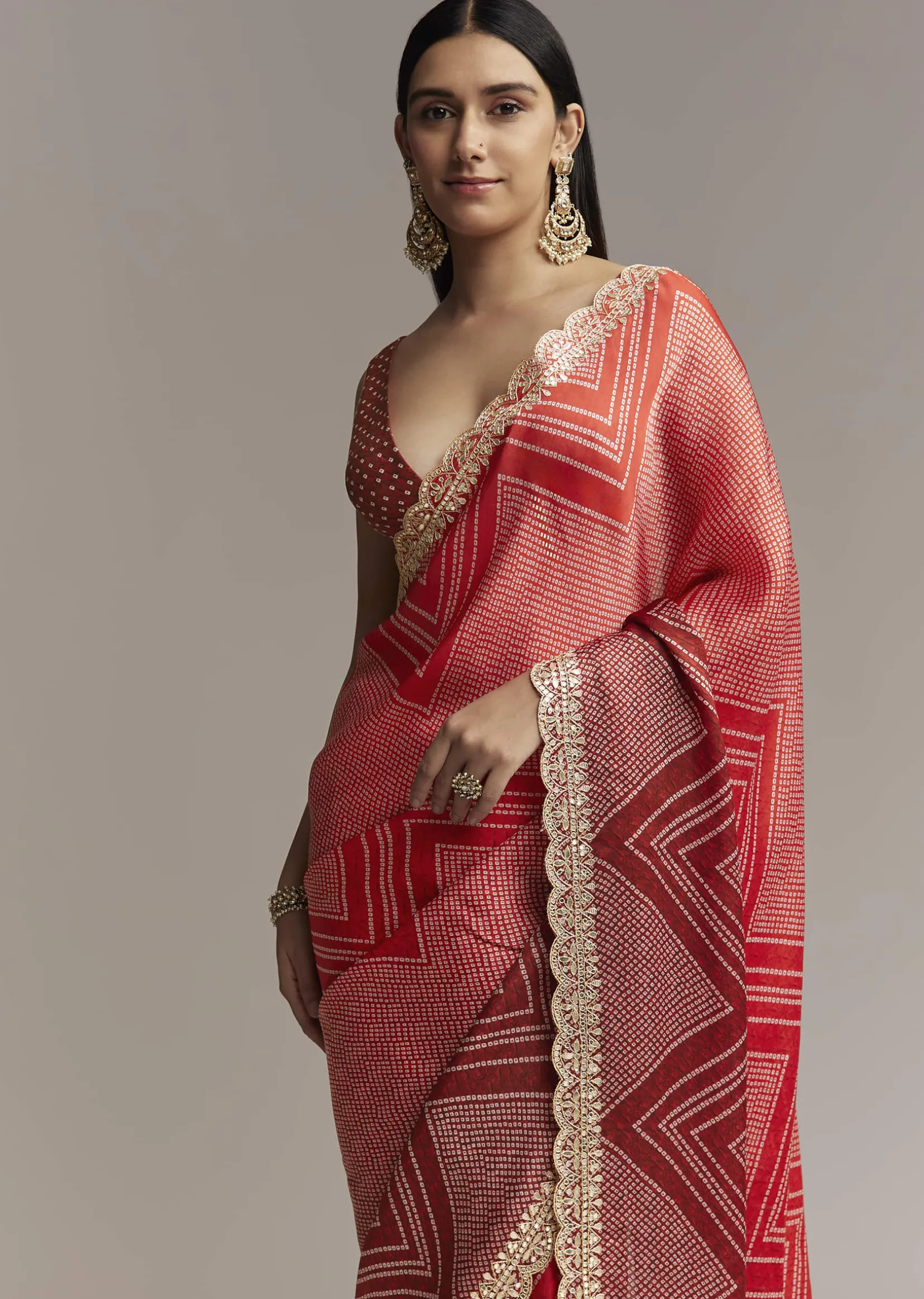 Red Ombre Satin Saree With Geometric Print And Gota Border