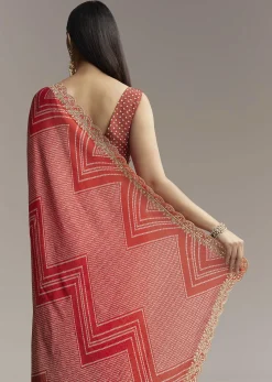 Red Ombre Satin Saree With Geometric Print And Gota Border