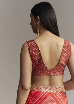 Red Ombre Satin Saree With Geometric Print And Gota Border