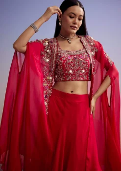 Red Organza Crop Top And Skirt Set With Embroidered Cape