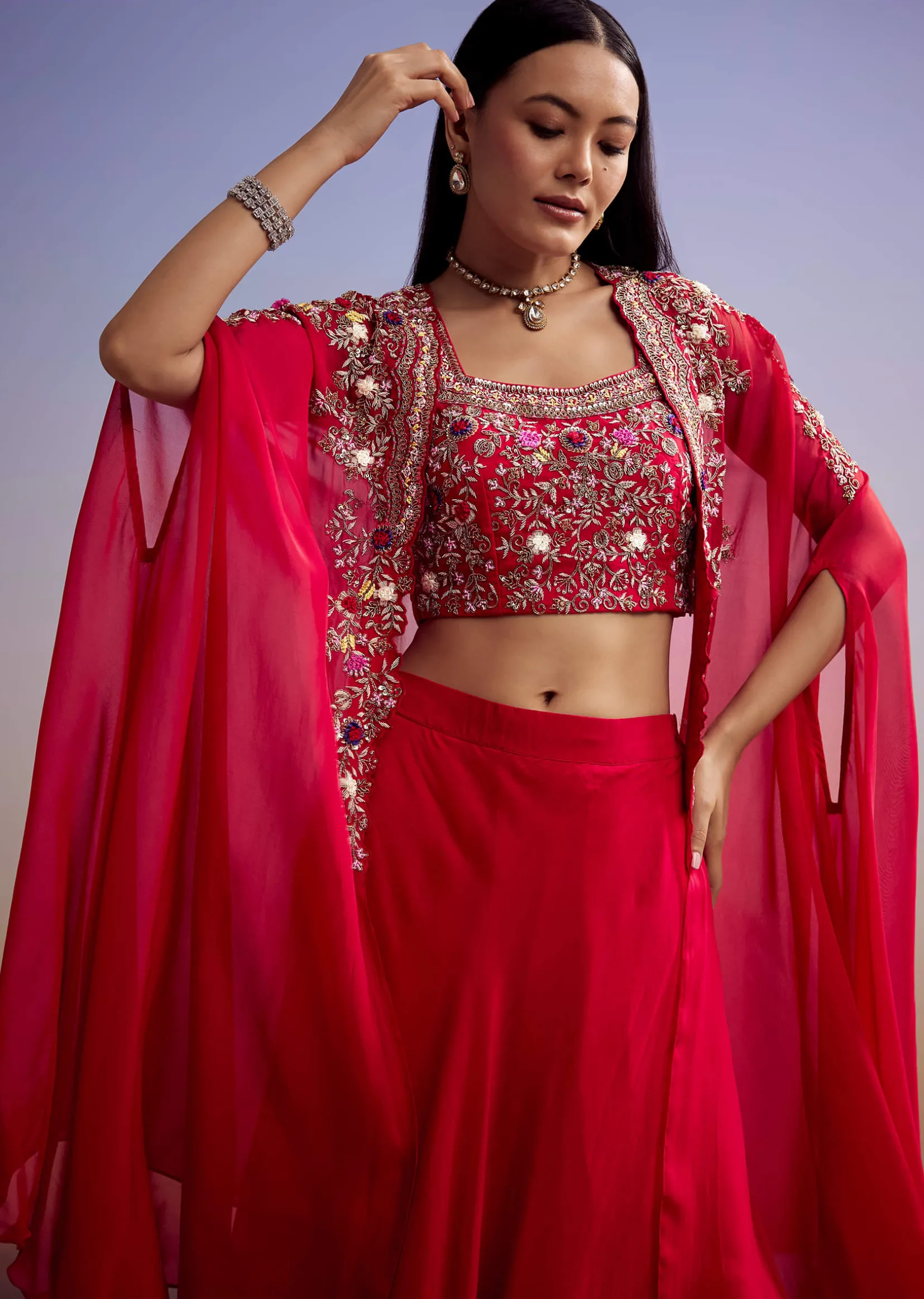 Red Organza Crop Top And Skirt Set With Embroidered Cape