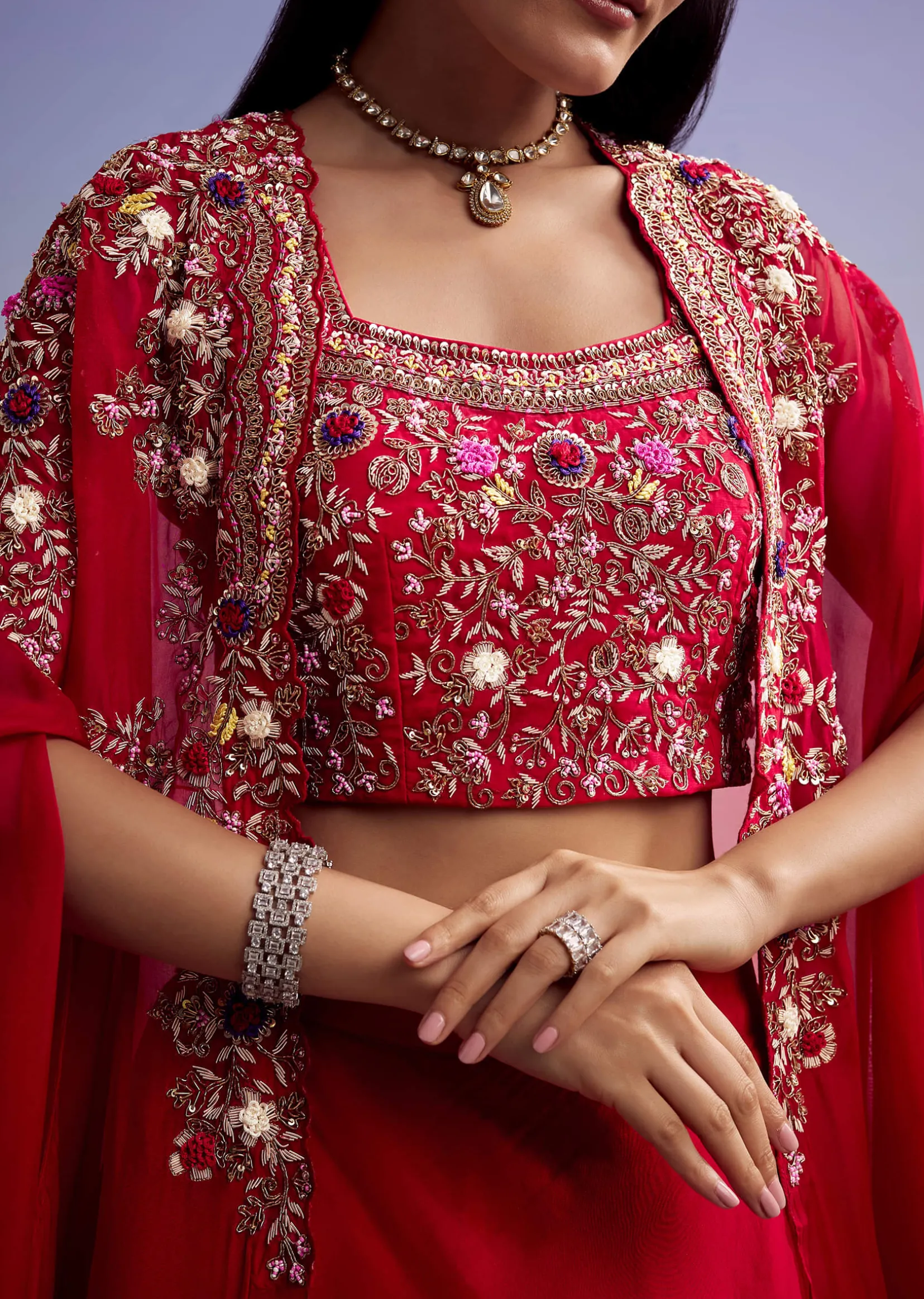 Red Organza Crop Top And Skirt Set With Embroidered Cape