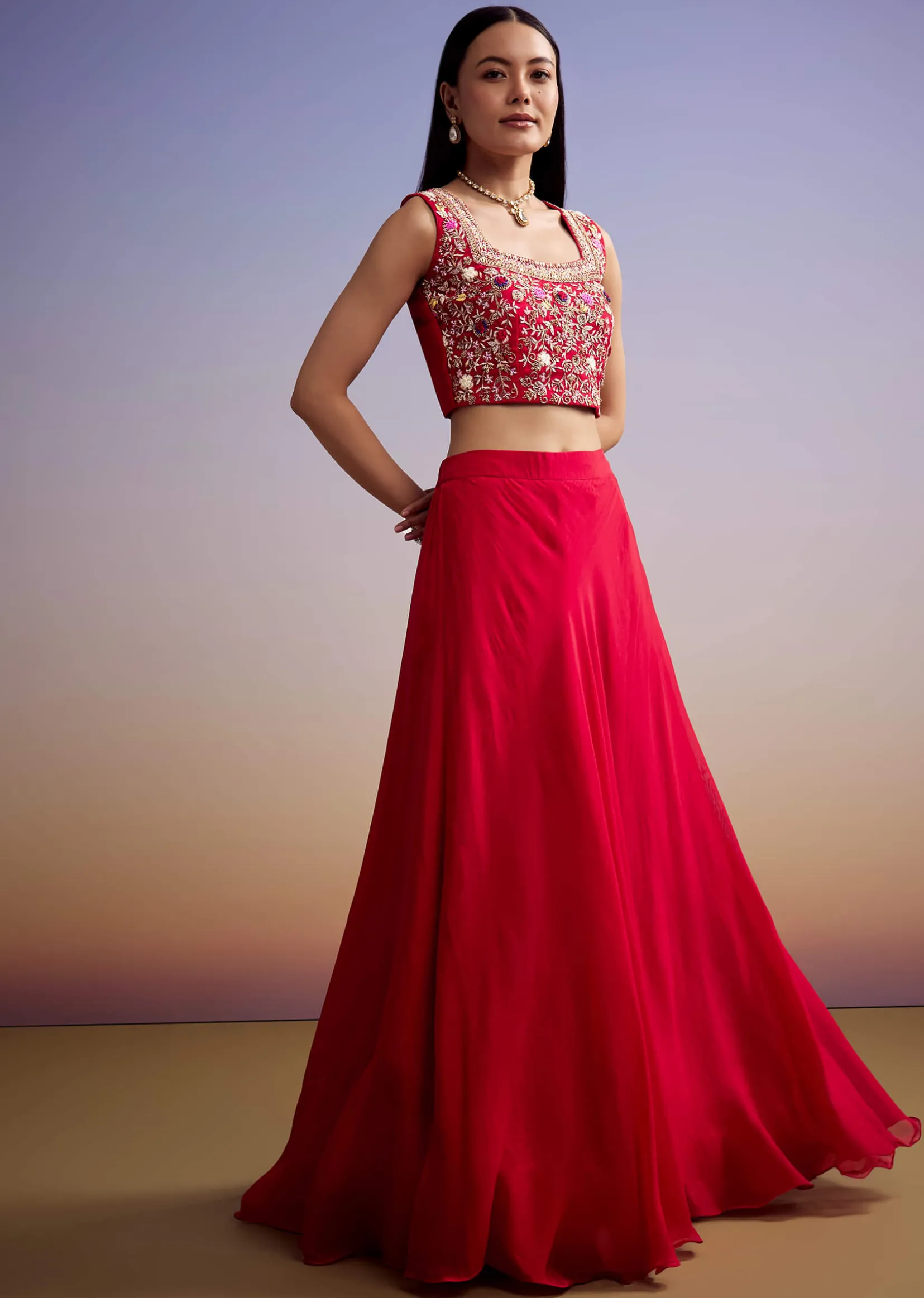 Red Organza Crop Top And Skirt Set With Embroidered Cape