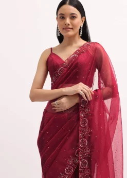 Red Organza Saree In Sequins With Unstitched Blouse